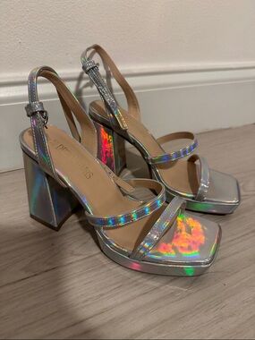 Holographic Silver Platform Slingback Heels